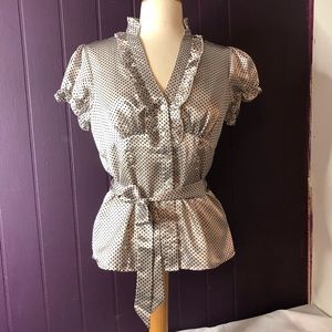 Silver satin style material blouse black polkadots